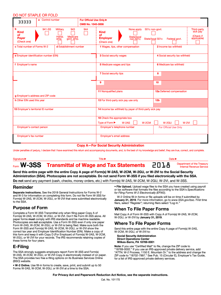 2018 Form IRS W 3SS Fill Online Printable Fillable 