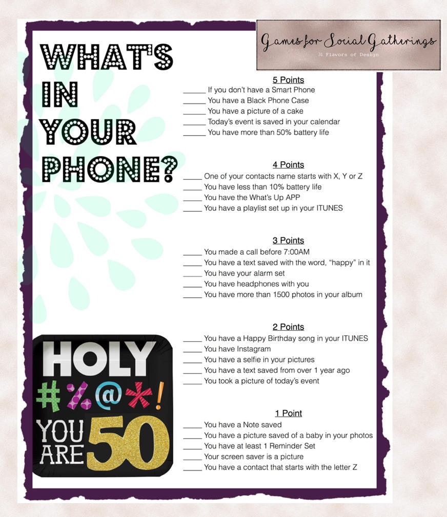 50th Birthday Party Game Whats In Your Phone Birthday 
