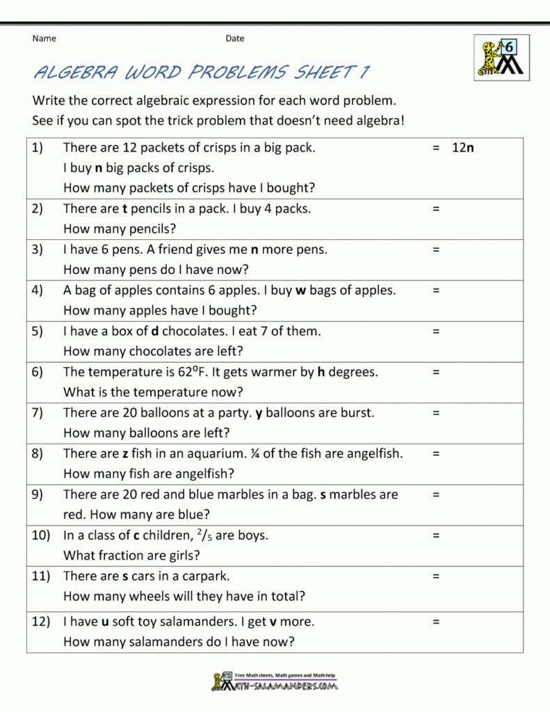 6th Grade Algebra Word Problems Worksheet Algebra 