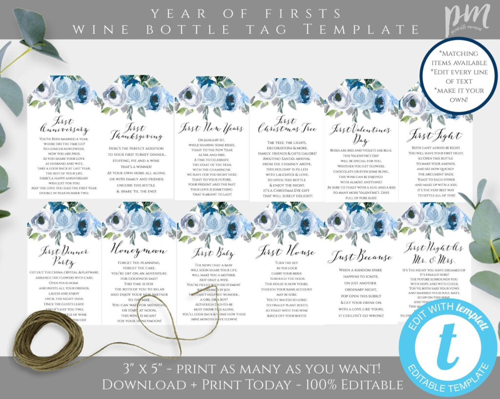 A Year Of Firsts Wine Bottle Tag Template Blue Floral 