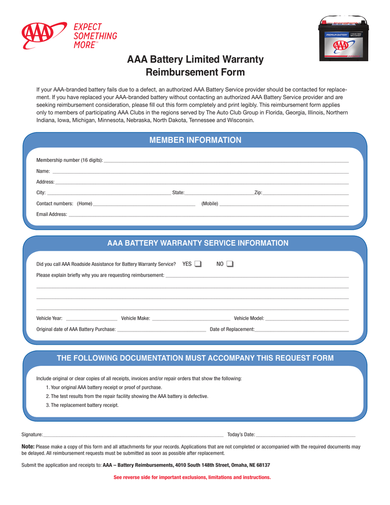 AAA Battery Limited Warranty Reimbursement Form