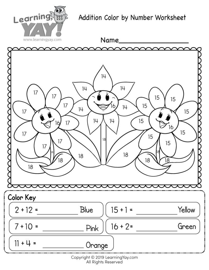 Addition Color By Number Worksheet For 1st Grade Free 
