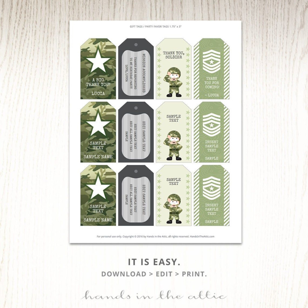 Army Theme Party Gift Tags Printable Camo Green Decoration 