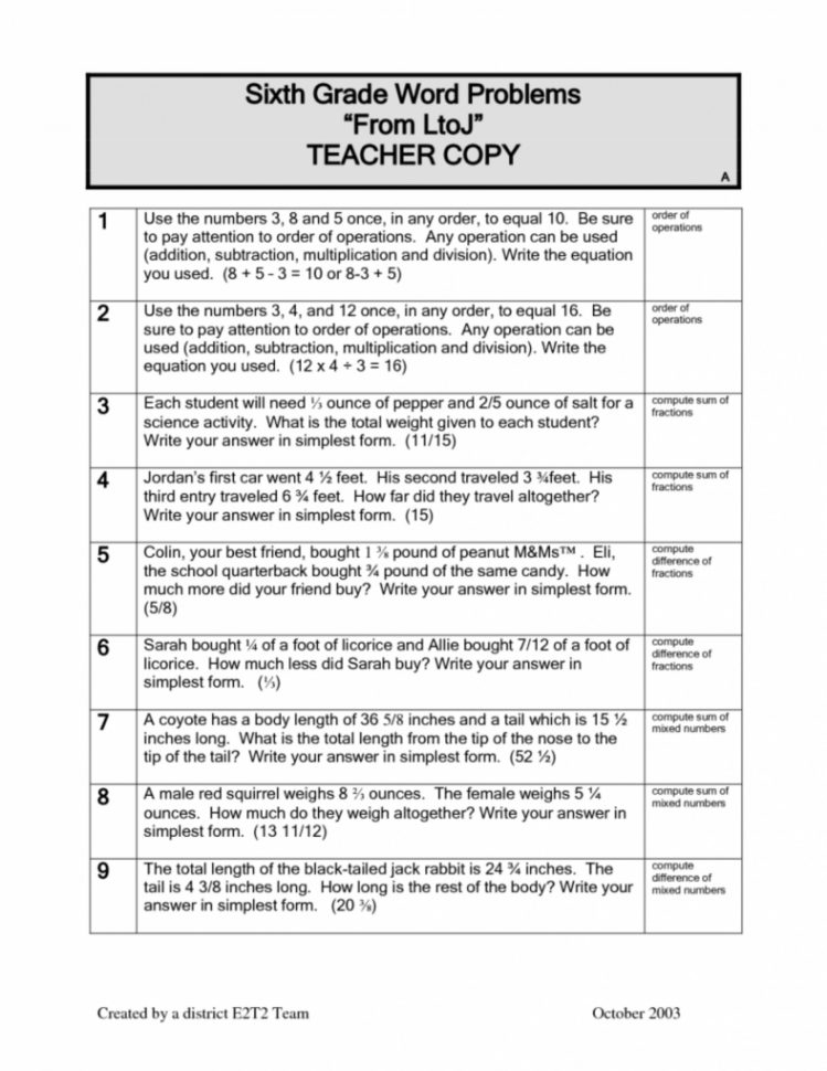 Best 6Th Grade Math Word Problems Printable Worksheets 