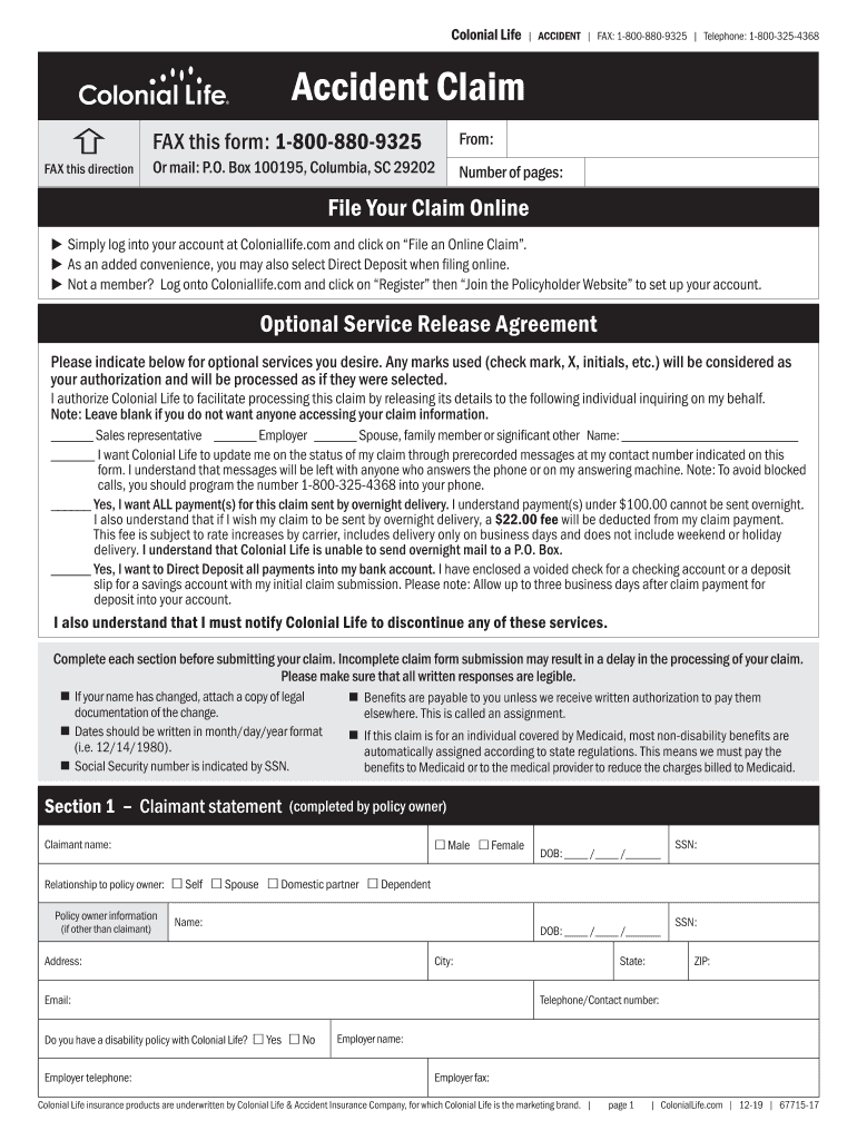 Colonial Life Form 67715 2019 2021 Fill And Sign