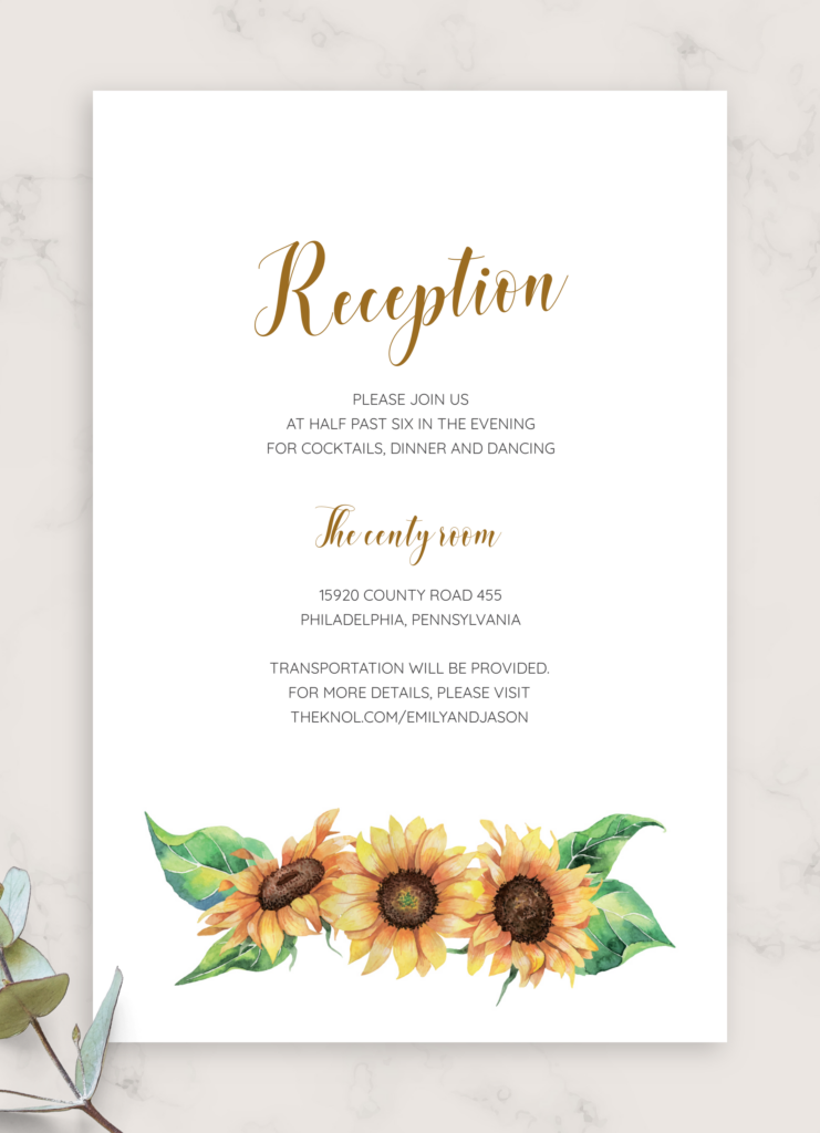 Download Printable Simple Sunflower Wedding Reception Card PDF