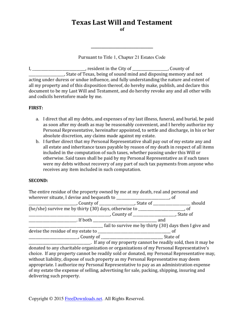 Download Texas Last Will And Testament Form PDF RTF 