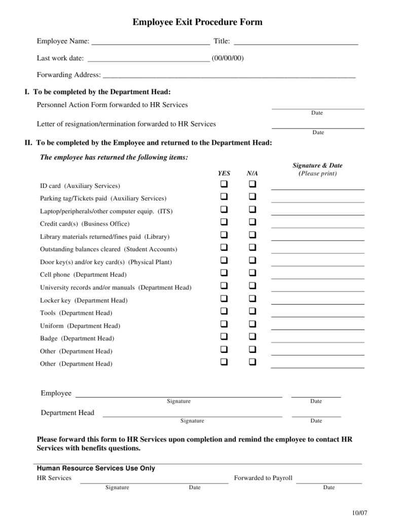 Employee Exit Procedure Form Marymount University 