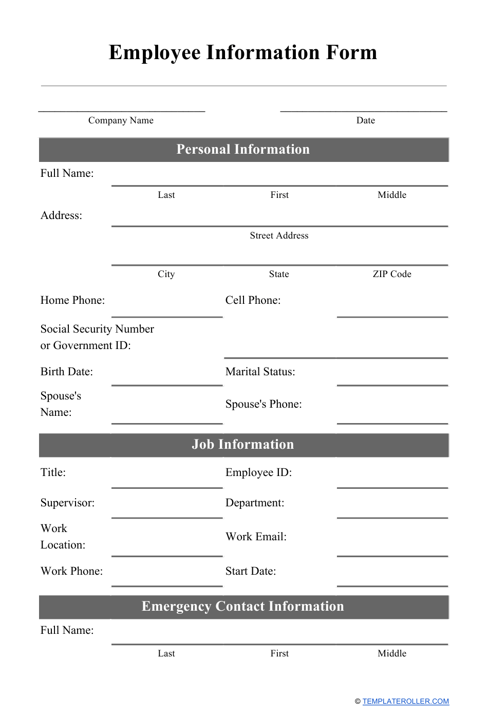 Employee Information Form Download Printable PDF 
