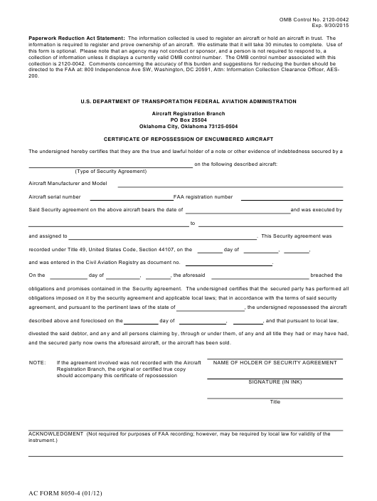FAA Form 8050 1 Download Fillable PDF Certificate Of 