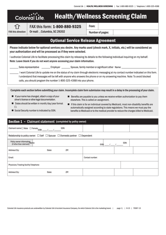 Fillable Colonial Life Health wellness Screening Claim 