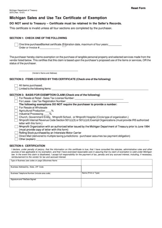 Fillable Form 3372 Michigan Sales And Use Tax 