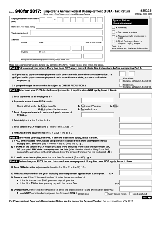 Fillable Form 940 Employer S Annual Federal Unemployment 
