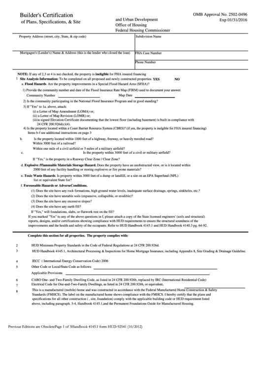 Fillable Form Hud 92541 Builder S Certification