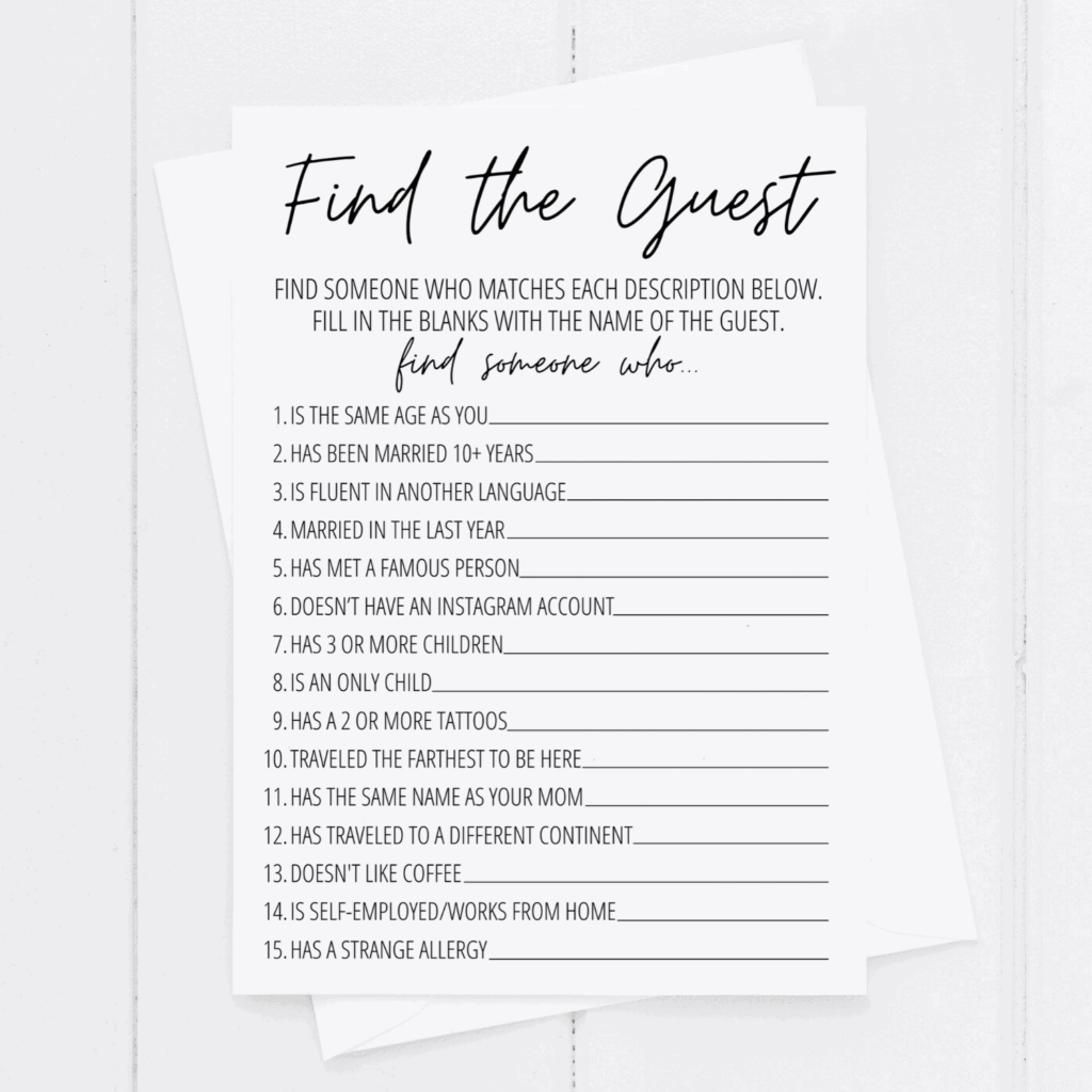 Find The Guest Bridal Shower Game Free Printable Modern MOH