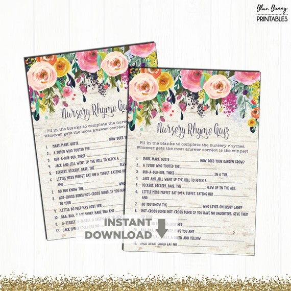 Floral Baby Shower Printable Game Vintage Nursery Rhyme 