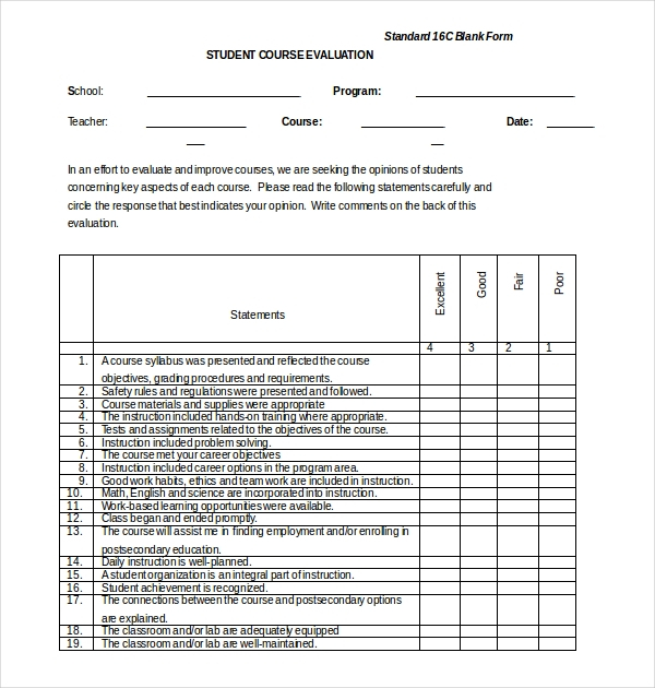 FREE 18 Sample Student Evaluation Forms In PDF MS Word 