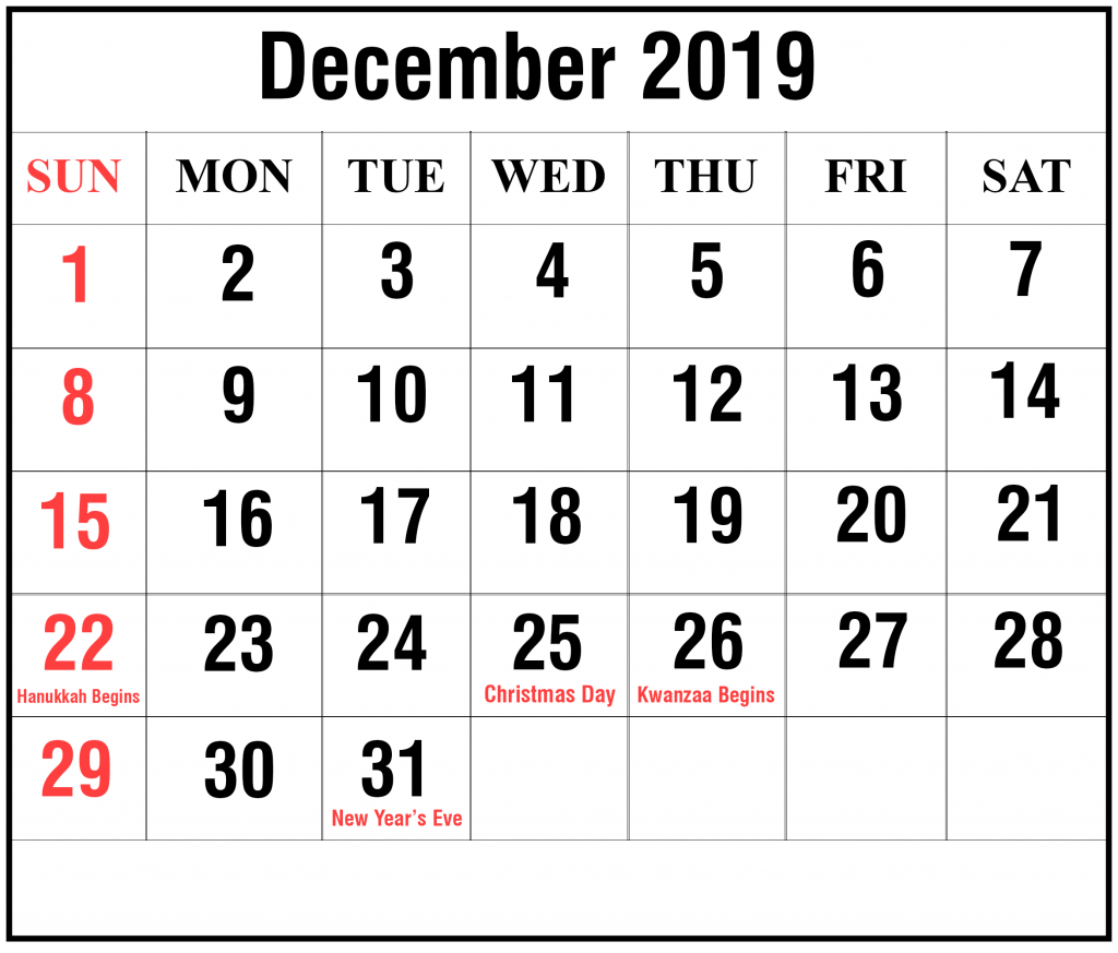 Free Blank December 2019 Calendar Printable In PDF Word 
