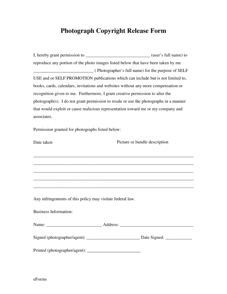Free Generic Photo Copyright Release Form PDF EForms 