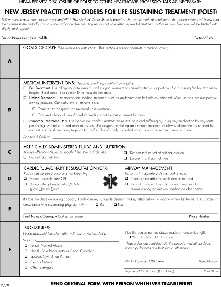 Free New Jersey POLST Form PDF 37KB 2 Page s