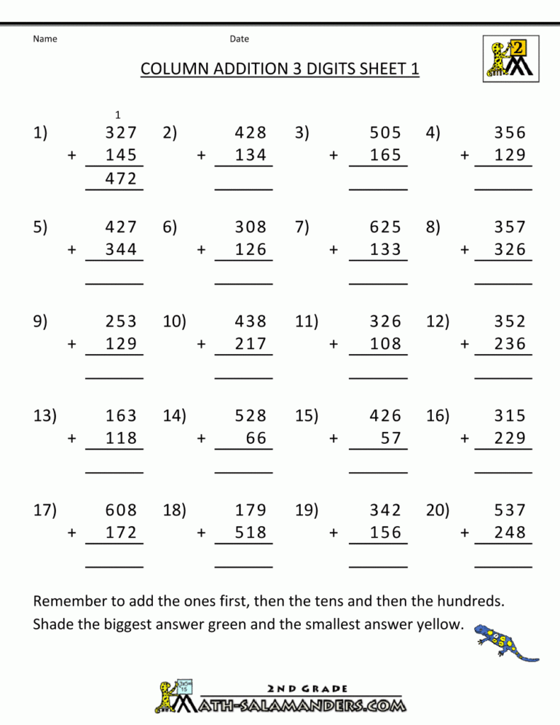 Free Printable Addition Worksheets 3 Digits