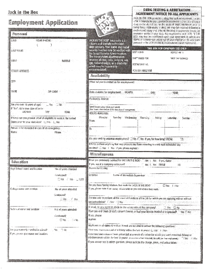 Free Printable Jack In The Box Job Application Form