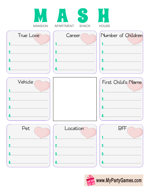 Free Printable MASH Game For Girl s Slumber Party