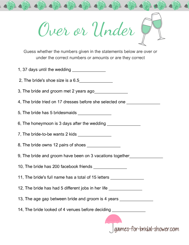 Free Printable Over Or Under Bridal Shower Game