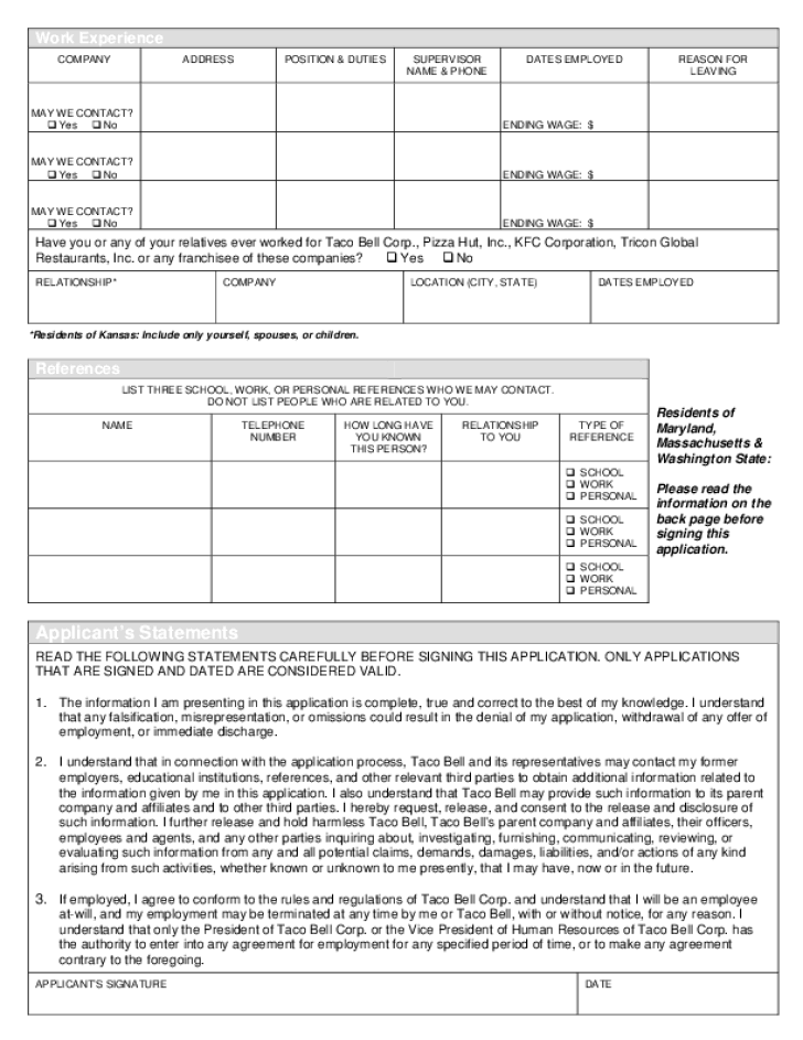 Free Printable Taco Bell Job Application Form Page 3