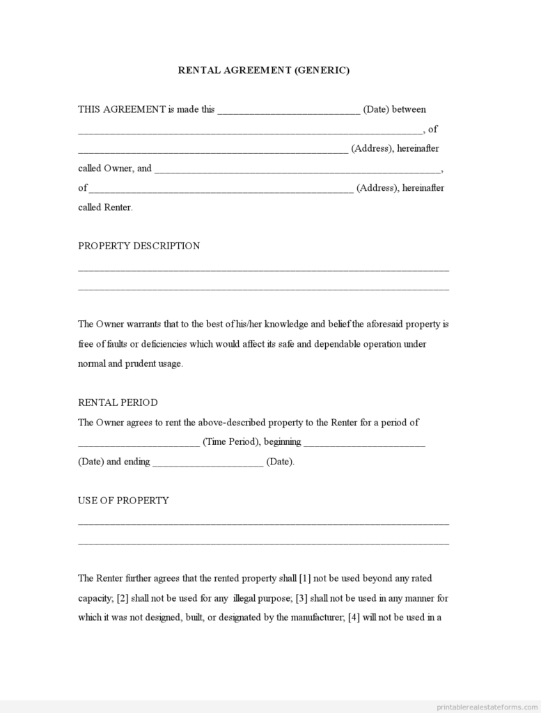  GENERIC TEMPLATE Rental Agreement Forms Free Printable