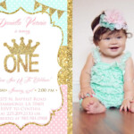 Gold Crown First Birthday Photo Invitation Pink Turquoise