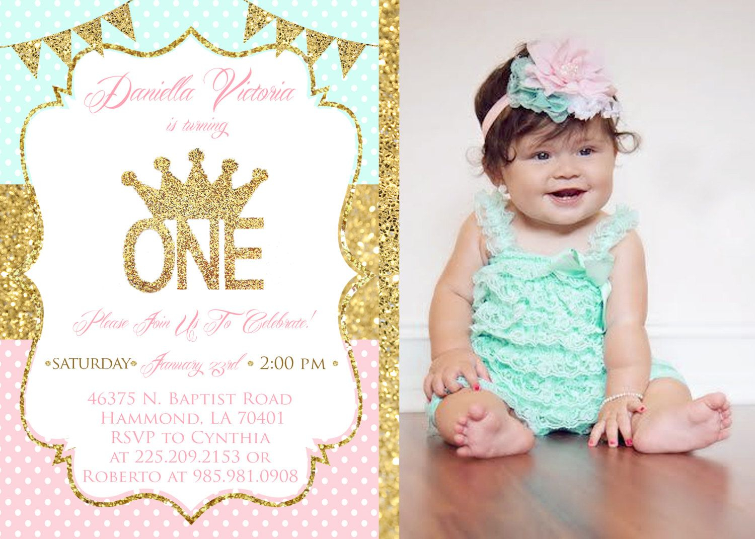 Gold Crown First Birthday Photo Invitation Pink Turquoise 