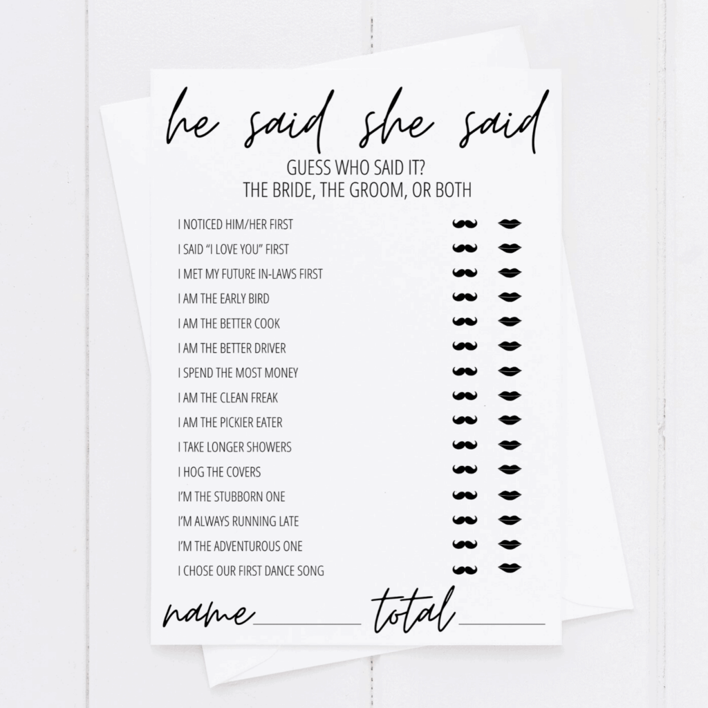 He Said She Said Bridal Shower Game Free Printable 