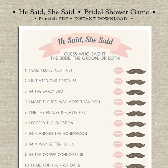 He Said She Said Printable Bridal Shower Game By 