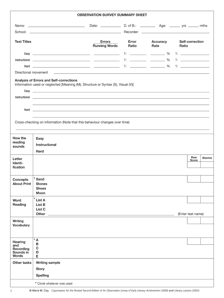 Marie Clay Observation Survey Forms Pdf Fill Online