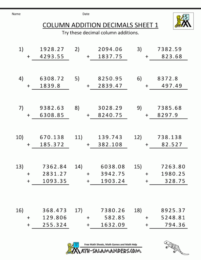 Math Worksheets For Fifth Grade Adding Decimals 