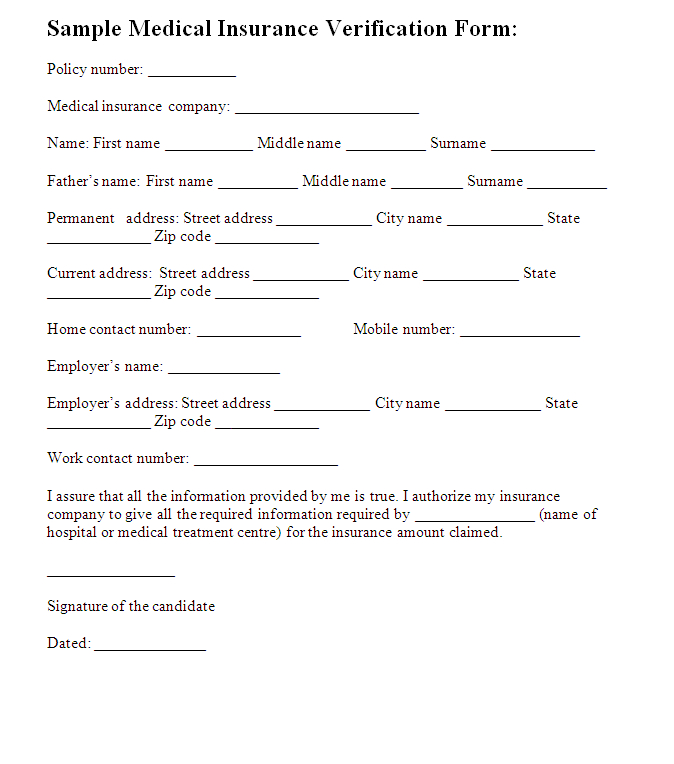 Medical Insurance Verification Form Templates Free Printable