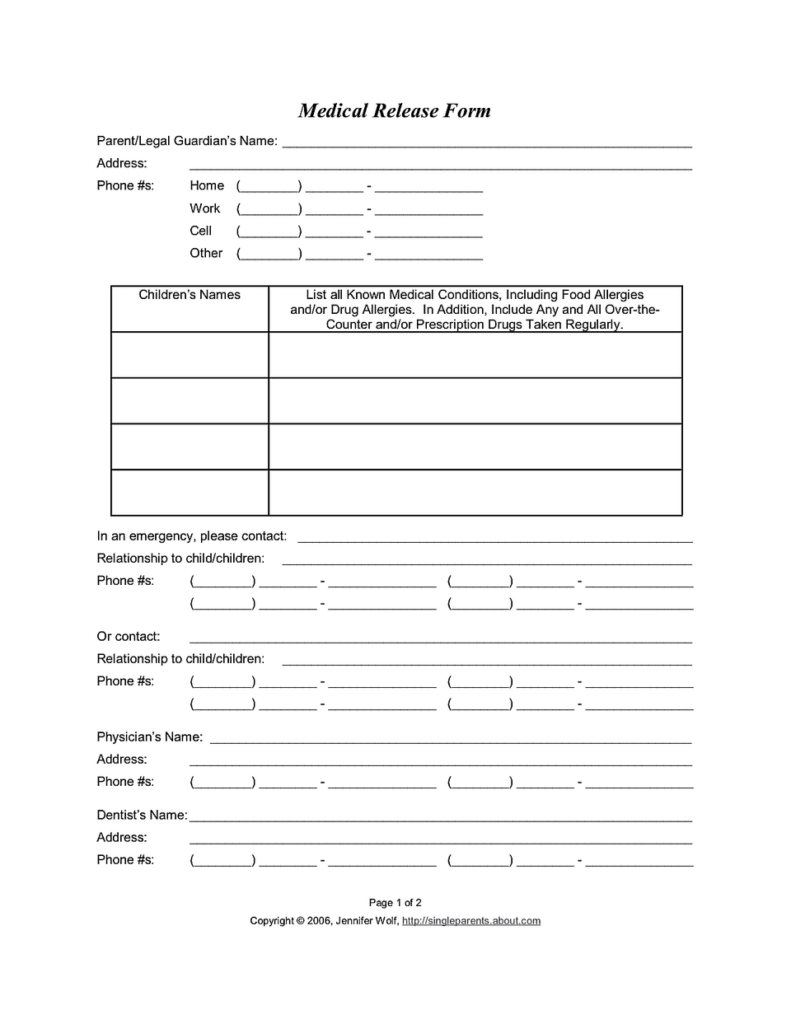 Medical Release Form For Consent To Treat Your Kids