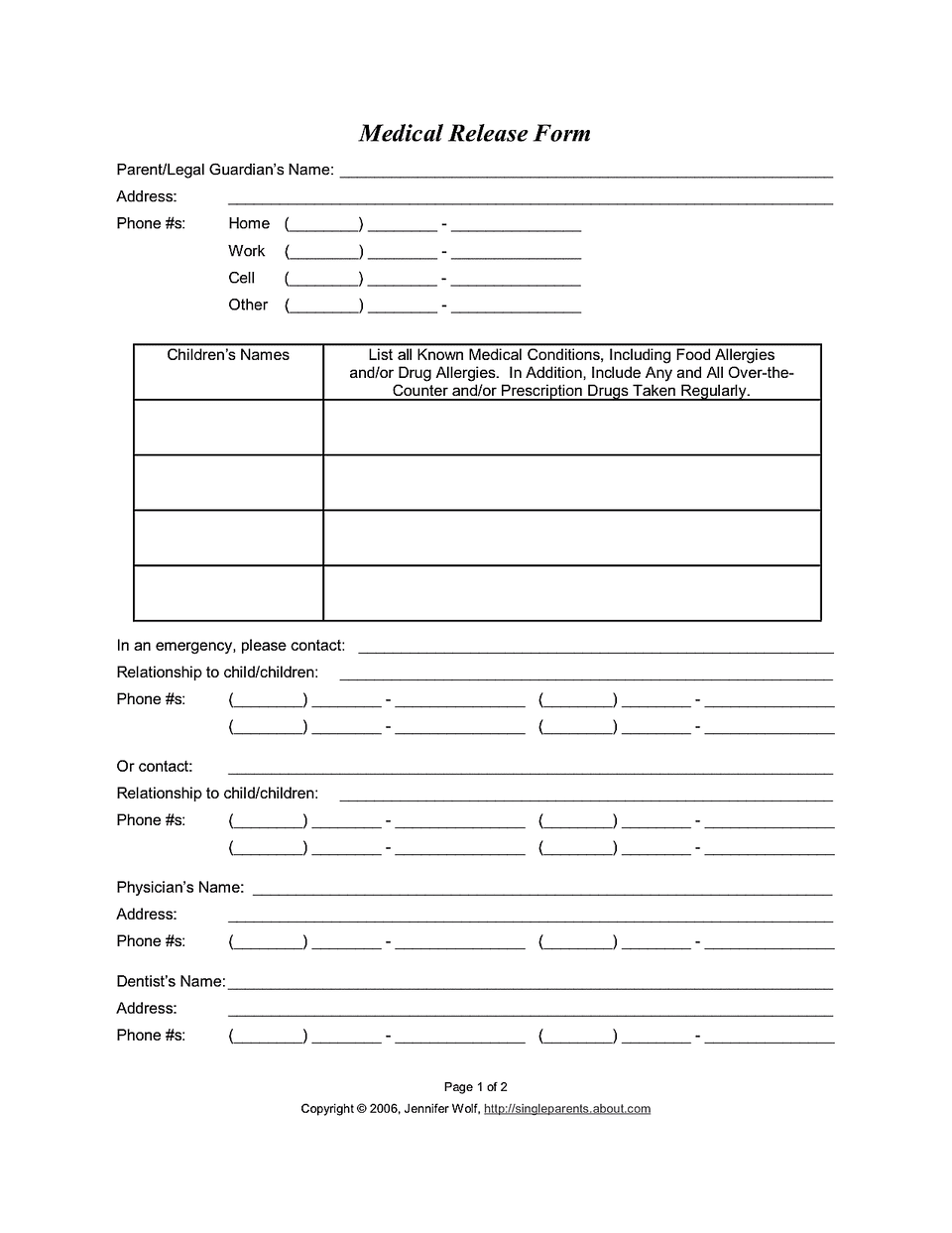 Medical Release Form For Consent To Treat Your Kids