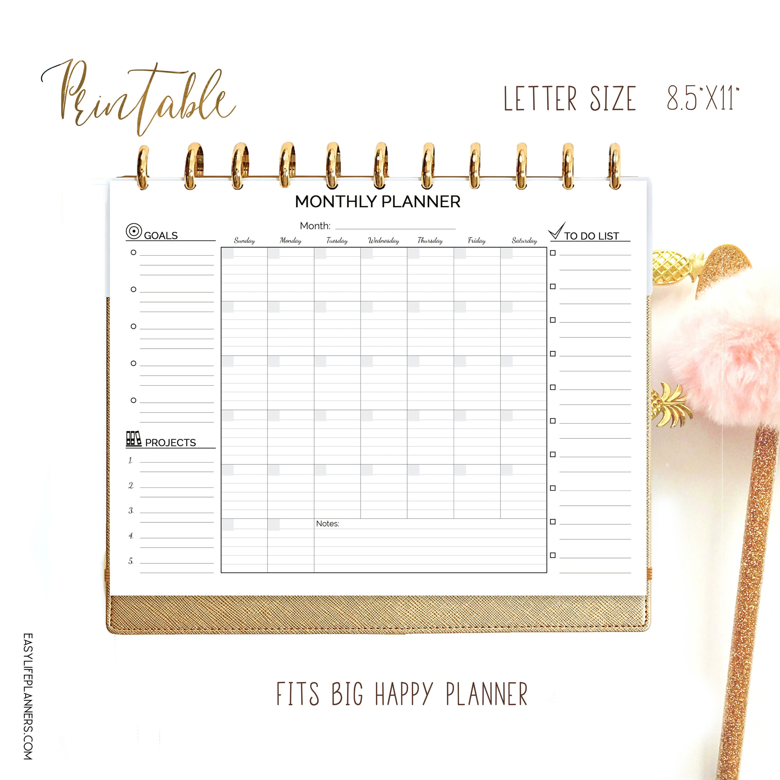 Monthly Planner Big Happy Planner Printable Lined Letter 