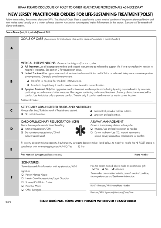 New Jersey Practitioner Orders For Life Sustaining 