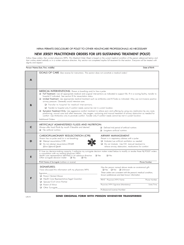 NJ POLST 2014 Fill And Sign Printable Template Online 