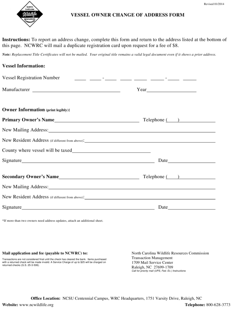 North Carolina Vessel Owner Change Of Address Form 