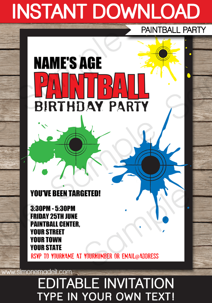 Paintball Party Invitations Birthday Party Editable 