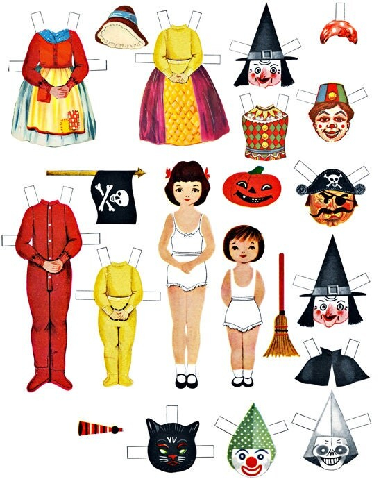 Paper Doll Halloween Collage Sheet Print Out Set Costumes