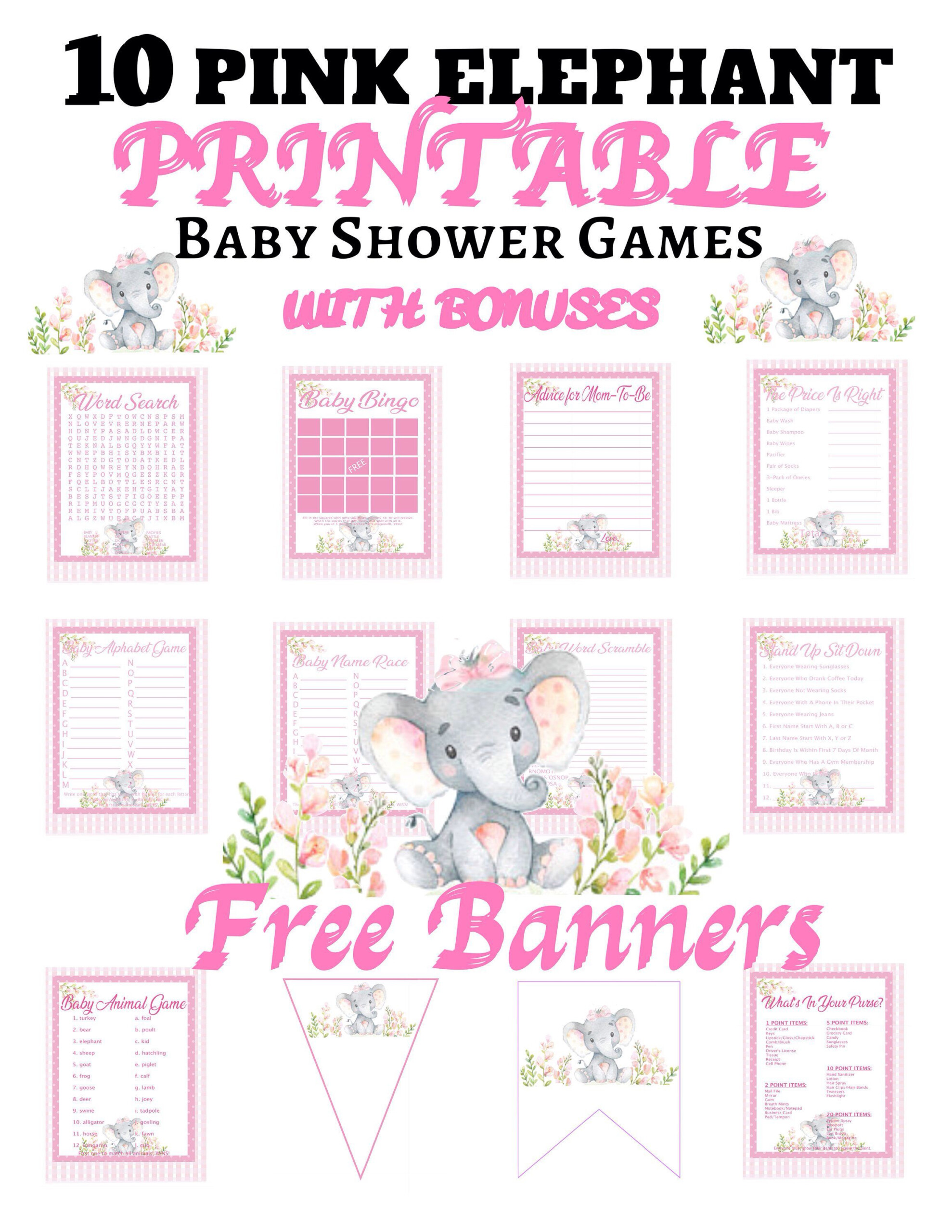 Pink Elephant Baby Shower Games 10 Game Set PLUS 2 FREE 