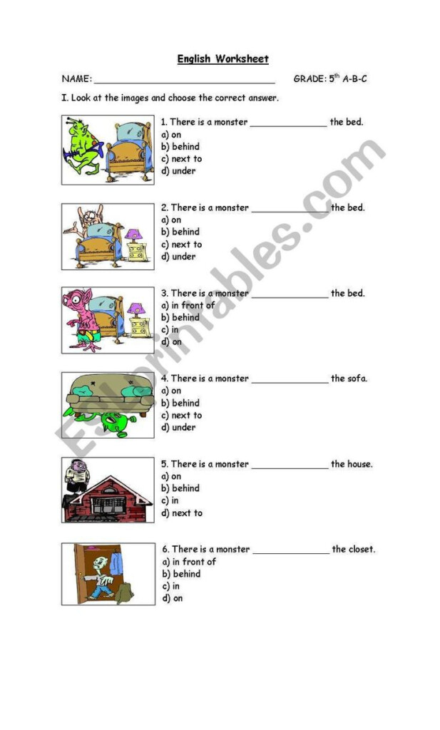 Preposition Worksheets For Grade 1 Prepositions Esl 