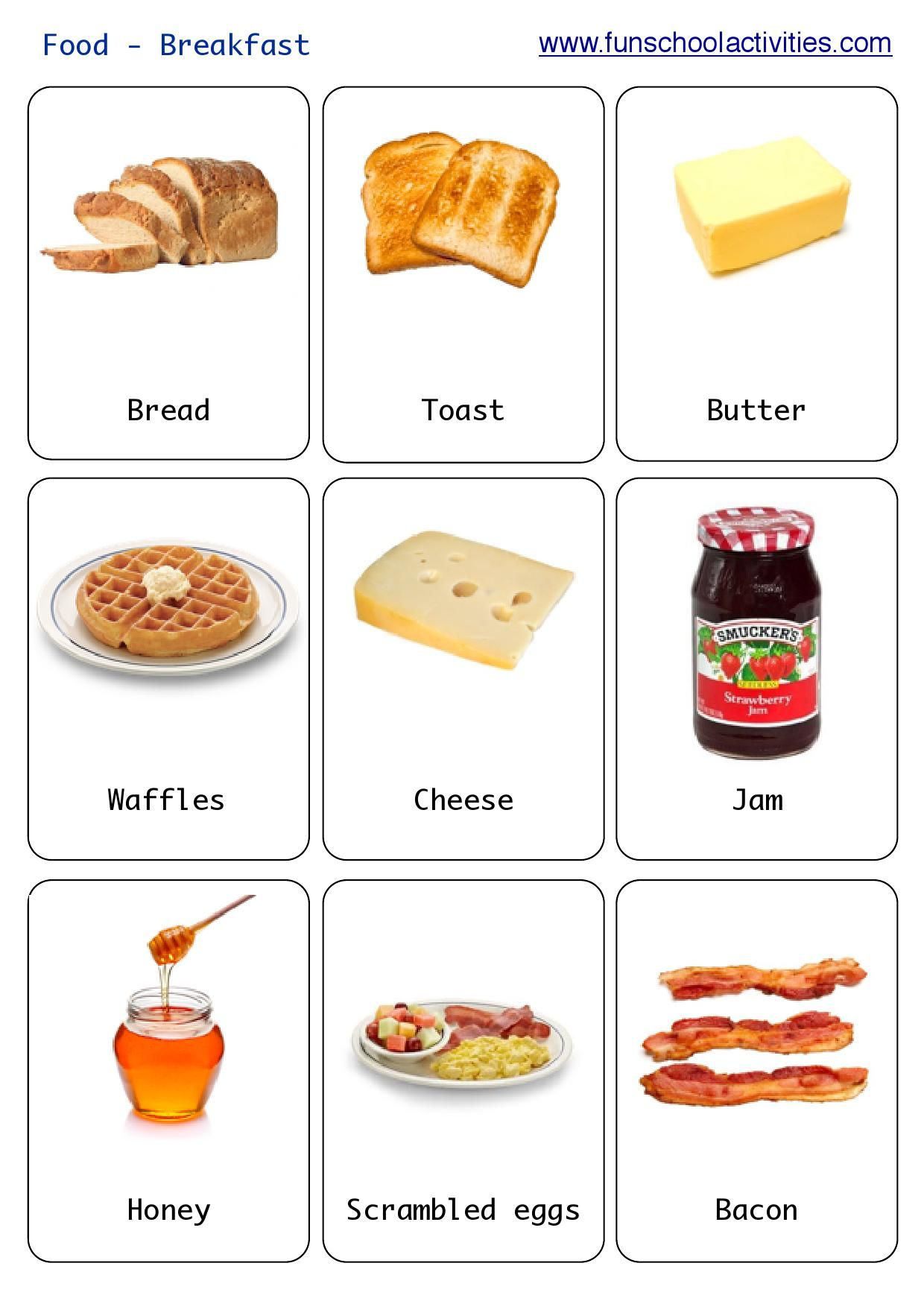 Printable Breakfast Flashcards avec Images Nourriture