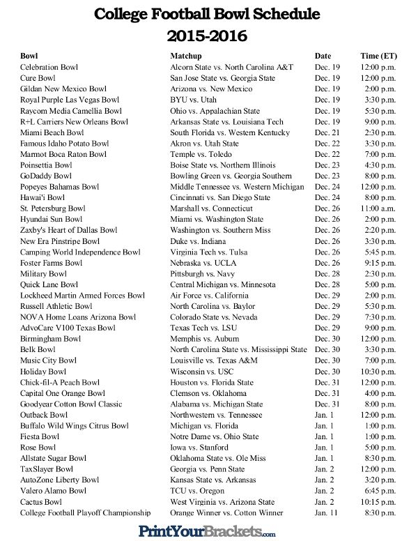 Printable Ncaa Football Bowl Game Schedule