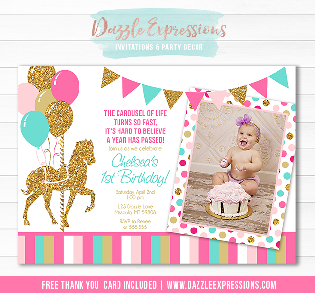 Printable Pink Gold And Turquoise Carousel Birthday 
